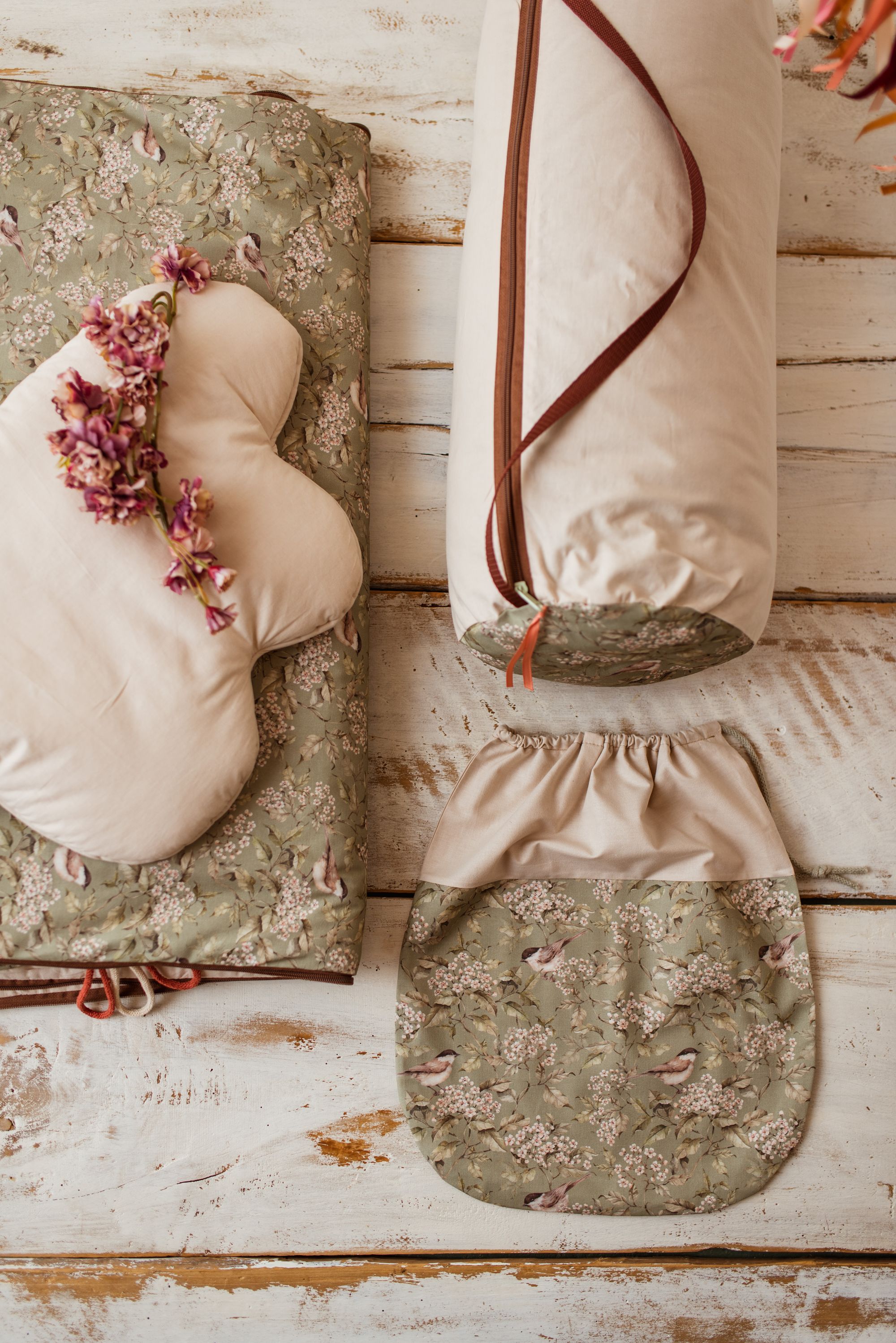 Śpiworek do przedszkola pościel premium bawełniana zestaw 3w1 wróbelki oliwka