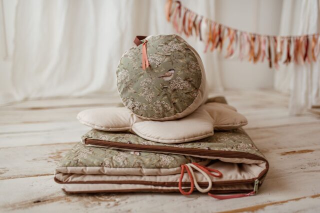 Śpiworek do przedszkola pościel premium bawełniana zestaw 3w1 wróbelki oliwka