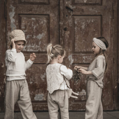 Spodnie lniane dresowe dla dzieci unisex szara glina