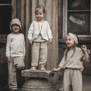 Spodnie lniane dresowe dla dzieci unisex szara glina