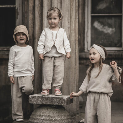 Spodnie lniane dresowe dla dzieci unisex szara glina