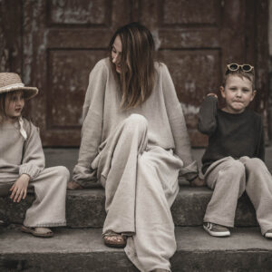 Spodnie lniane dresowe dla dzieci unisex szara glina