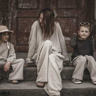 Spodnie lniane dresowe dla dzieci unisex szara glina