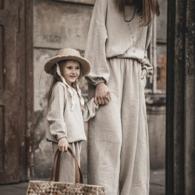 Spodnie lniane pallazzo damskie szerokie szara glina