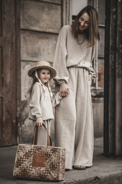 Spodnie lniane pallazzo damskie szerokie szara glina