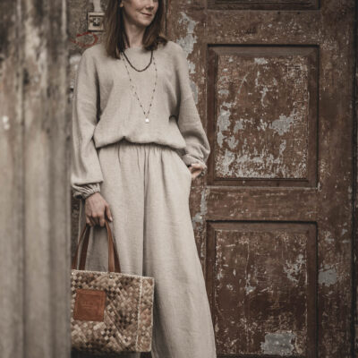 Spodnie lniane pallazzo damskie szerokie szara glina