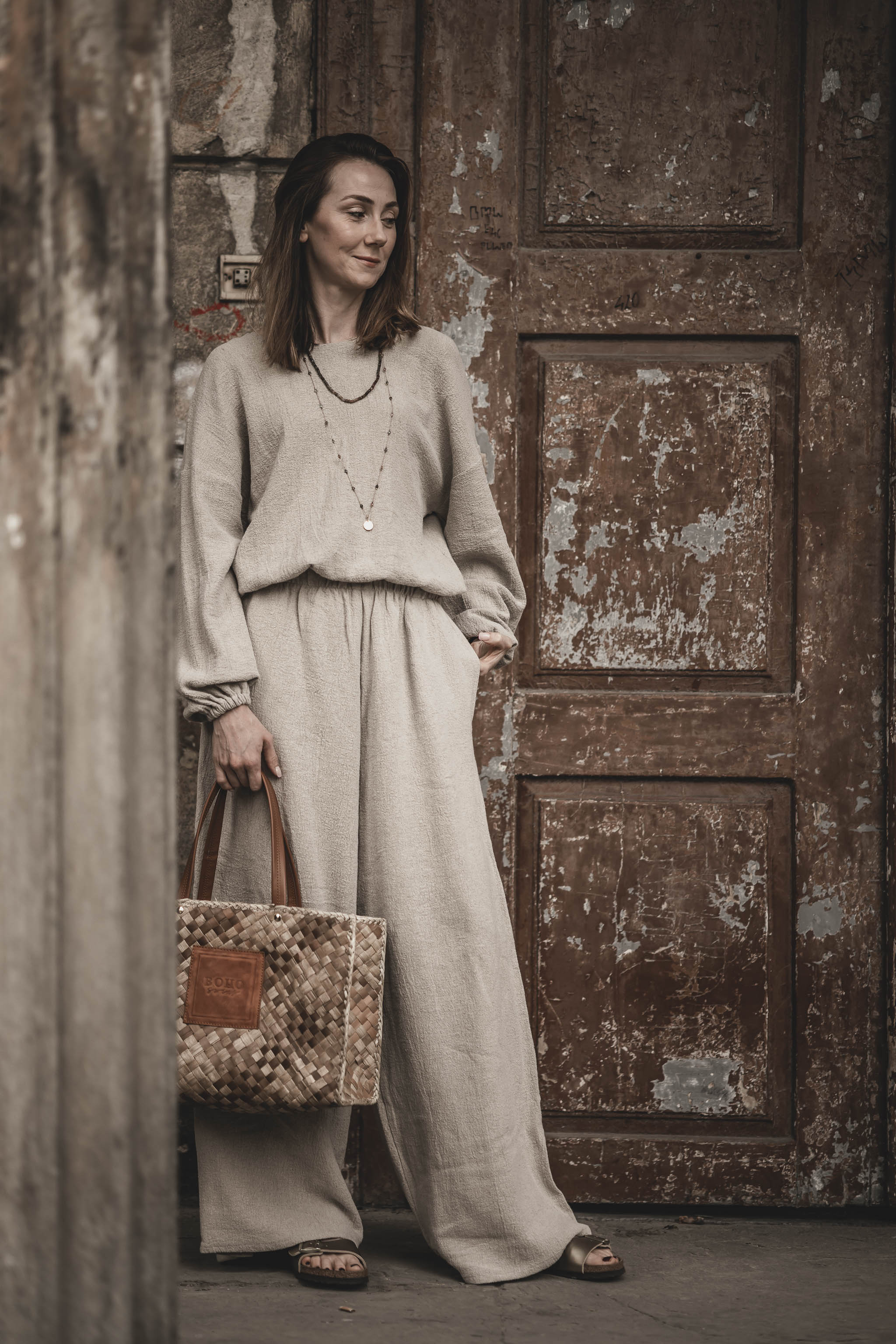 Spodnie lniane pallazzo damskie szerokie szara glina