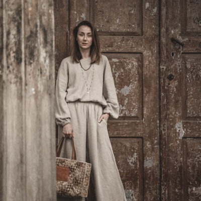 Spodnie lniane pallazzo damskie szerokie szara glina