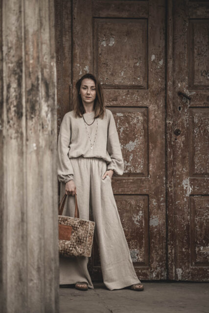 Spodnie lniane pallazzo damskie szerokie szara glina