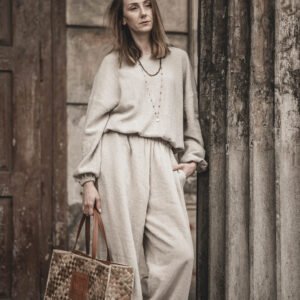 Spodnie lniane pallazzo damskie szerokie szara glina