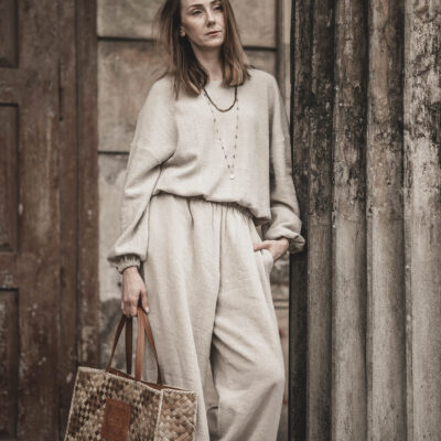 Spodnie lniane pallazzo damskie szerokie szara glina