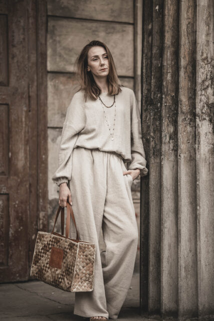 Spodnie lniane pallazzo damskie szerokie szara glina