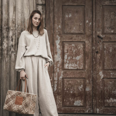 Spodnie lniane pallazzo damskie szerokie szara glina