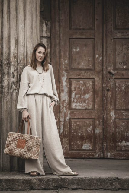 Spodnie lniane pallazzo damskie szerokie szara glina