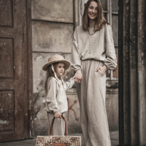 Spodnie lniane pallazzo damskie szerokie szara glina