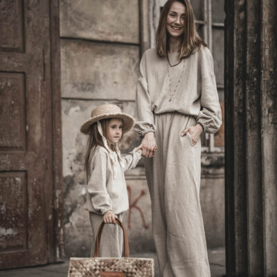 Spodnie lniane pallazzo damskie szerokie szara glina