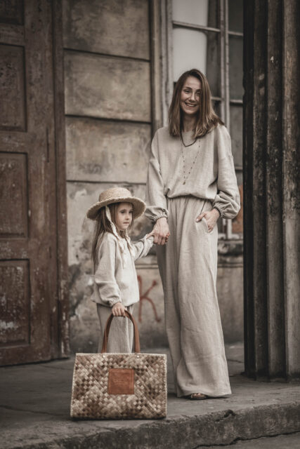 Spodnie lniane pallazzo damskie szerokie szara glina