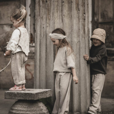 Spodnie lniane proste unisex dla dziecka szara glina