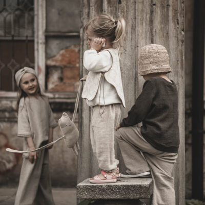 Spodnie lniane proste unisex dla dziecka szara glina