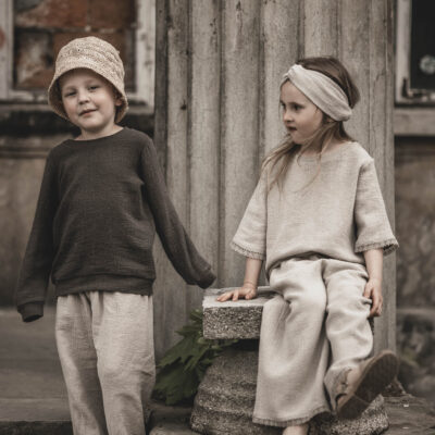 Spodnie lniane proste unisex dla dziecka szara glina