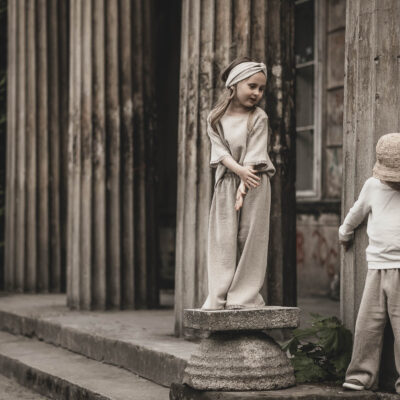 Spodnie lniane proste unisex dla dziecka szara glina