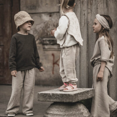 Spodnie lniane proste unisex dla dziecka szara glina