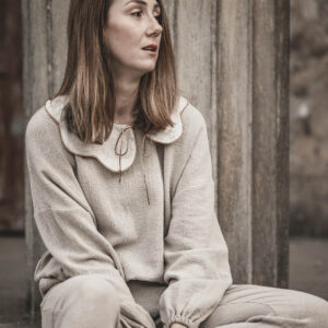 Spodnie damskie lniane joggersy basic dresowe szara glina