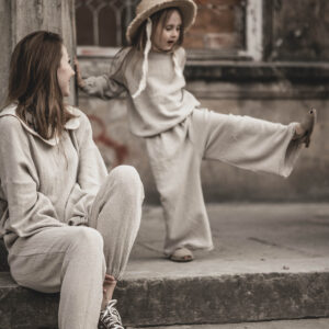 Spodnie damskie lniane joggersy basic dresowe szara glina