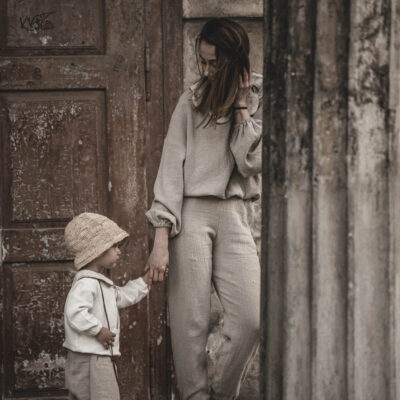 Spodnie damskie lniane joggersy basic dresowe szara glina