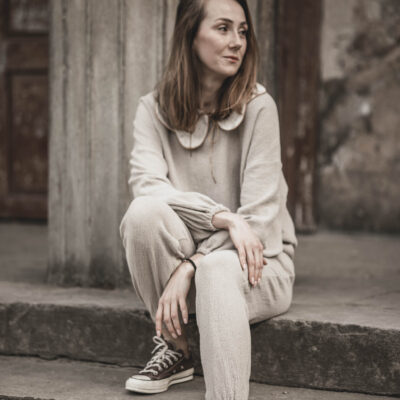 Spodnie damskie lniane joggersy basic dresowe szara glina