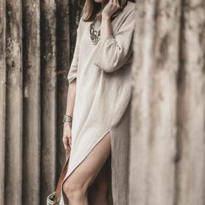 Sukienka lniana midi z rozcięciem z koronką lekka damska