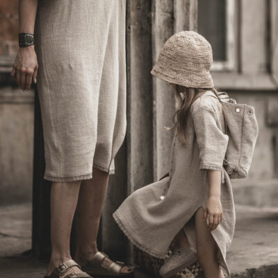 Sukienka lniana midi z rozcięciem z koronką lekka damska