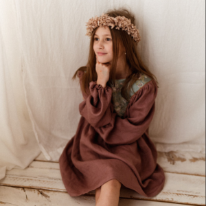 Sukienka lniana retro Marysia żakard kwiaty wrzos 1-4 lat