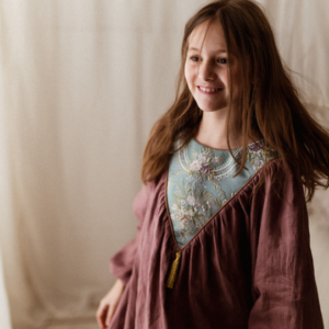 Sukienka lniana retro Marysia żakard kwiaty wrzos 1-4 lat