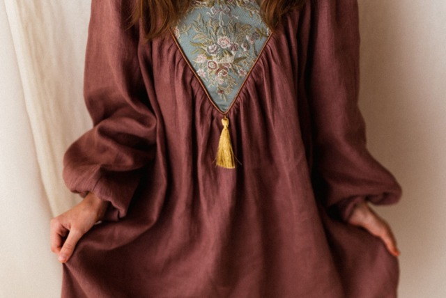 Sukienka lniana retro Marysia żakard kwiaty wrzos 1-4 lat