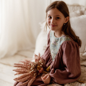 Sukienka retro lniana kwiaty żakard Marysia wrzos 5-10 lat