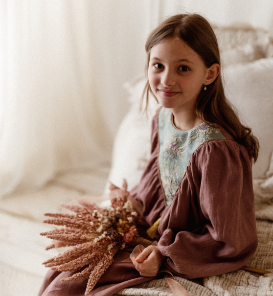 Sukienka retro lniana kwiaty żakard Marysia wrzos 5-10 lat