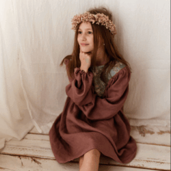 Sukienka retro lniana kwiaty żakard Marysia wrzos 5-10 lat