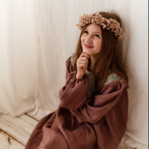 Sukienka retro lniana kwiaty żakard Marysia wrzos 5-10 lat