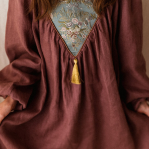 Sukienka retro lniana kwiaty żakard Marysia wrzos 5-10 lat