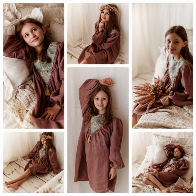 Sukienka retro lniana kwiaty żakard Marysia wrzos 5-10 lat