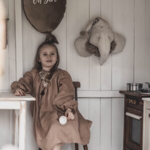 Sukienka retro lniana kwiaty żakard Marysia kokos