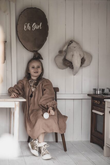 Sukienka retro lniana kwiaty żakard Marysia kokos