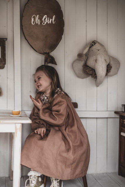 Sukienka retro lniana kwiaty żakard Marysia kokos