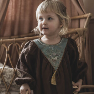 Vintage lniana sukienka brąz żakard dla dziewczynki Marysia