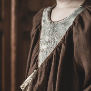 Vintage lniana sukienka brąz żakard dla dziewczynki Marysia