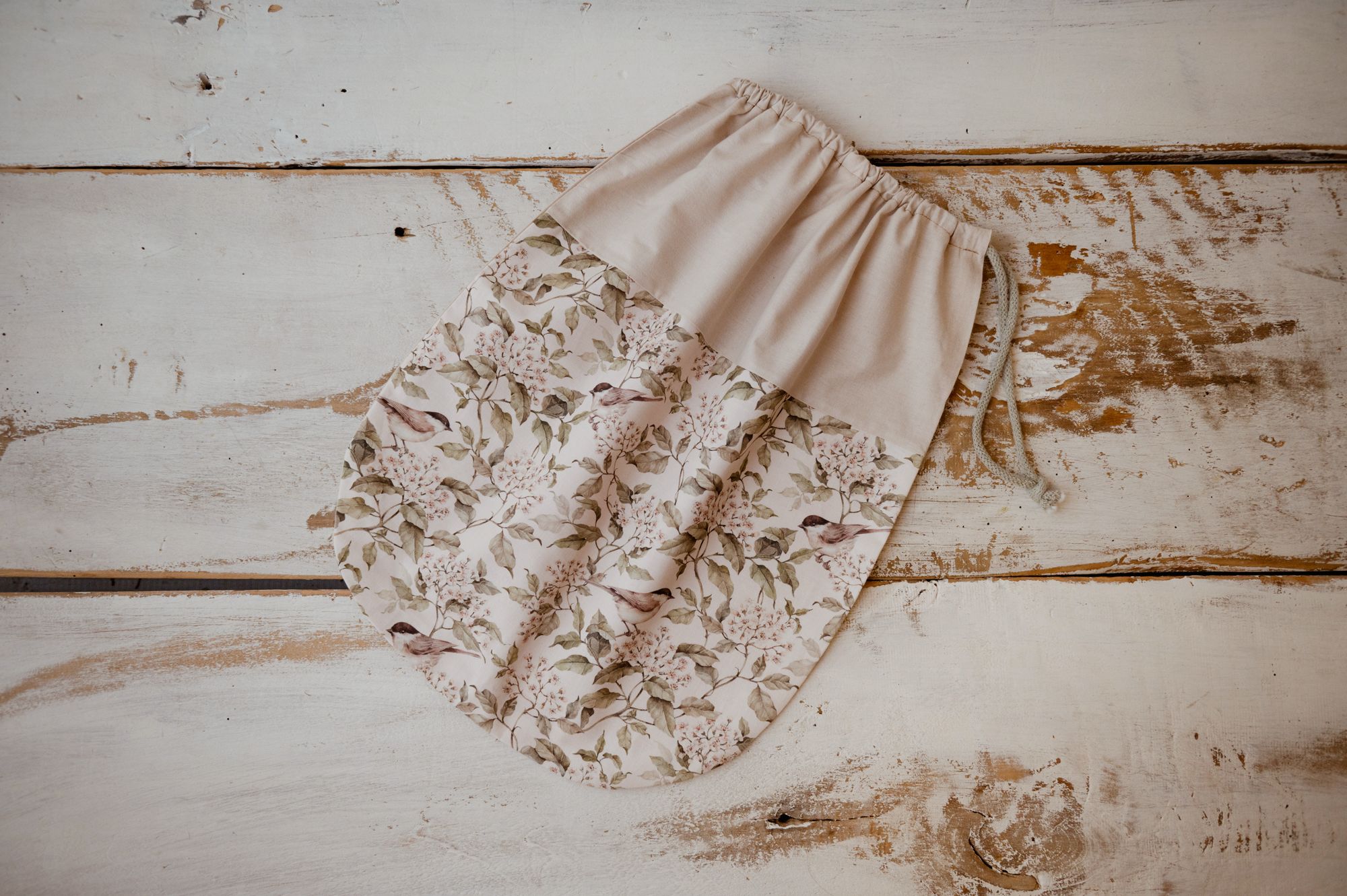 Woreczek do przedszkola bawełniany na rzeczy zamienne i buciki ptaszki natural