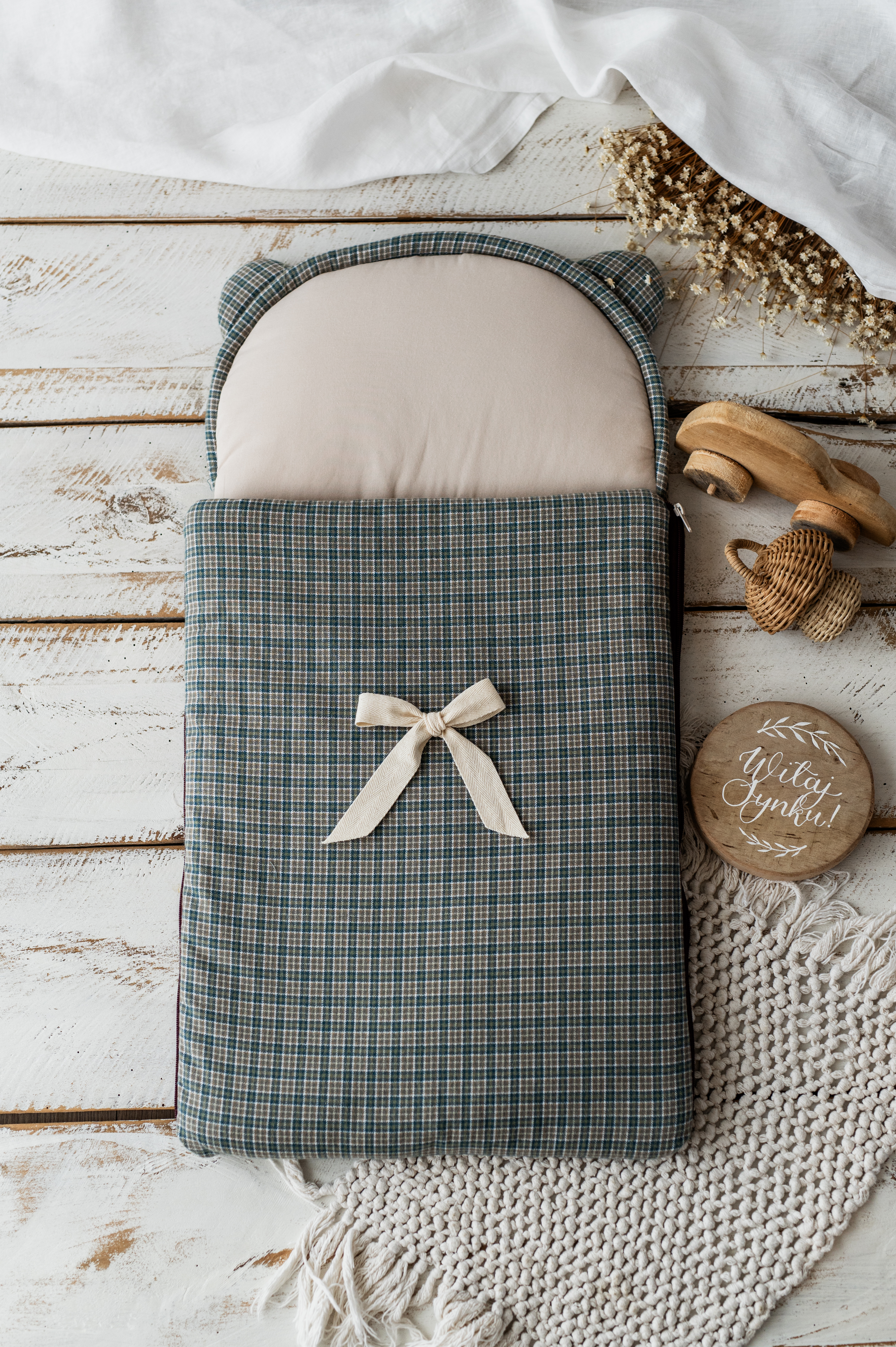 Śpiworek niemowlęcy miś kratka zielona sosnowa   40×75cm , 0-6 miesięcy