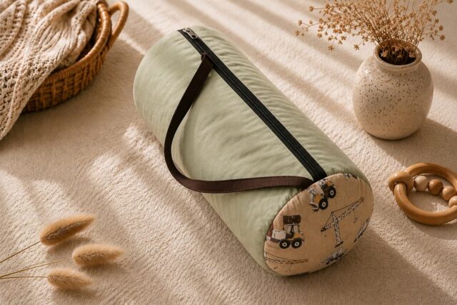 Śpiworek dla chłopca do przedszkola 120×60cm koparki beż pistacja