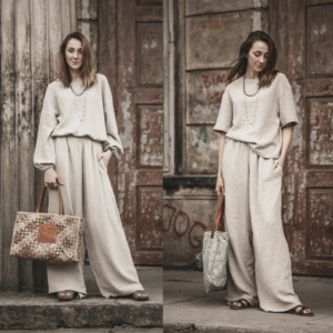 Zestaw lniany: spodnie palazzo + bluzka szara glina